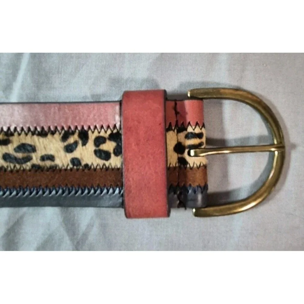 Linea Pelle Leather Mixed Media Panel Waist Belt Womens Size Medium Animal Print